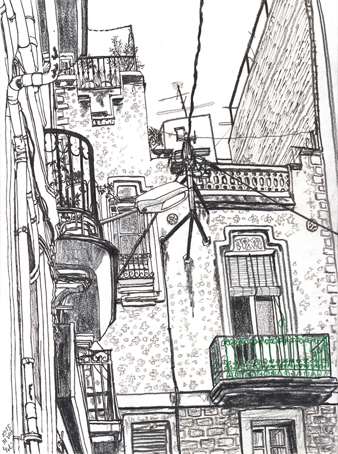 Dibujo de balcónes en Plaza de Mercado en barrio Clot de Barcelona