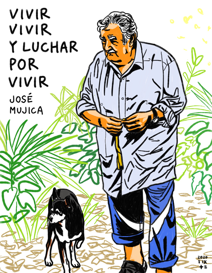 ilustración de José Mujica y su perrita Manuela, illustration of José Mujica