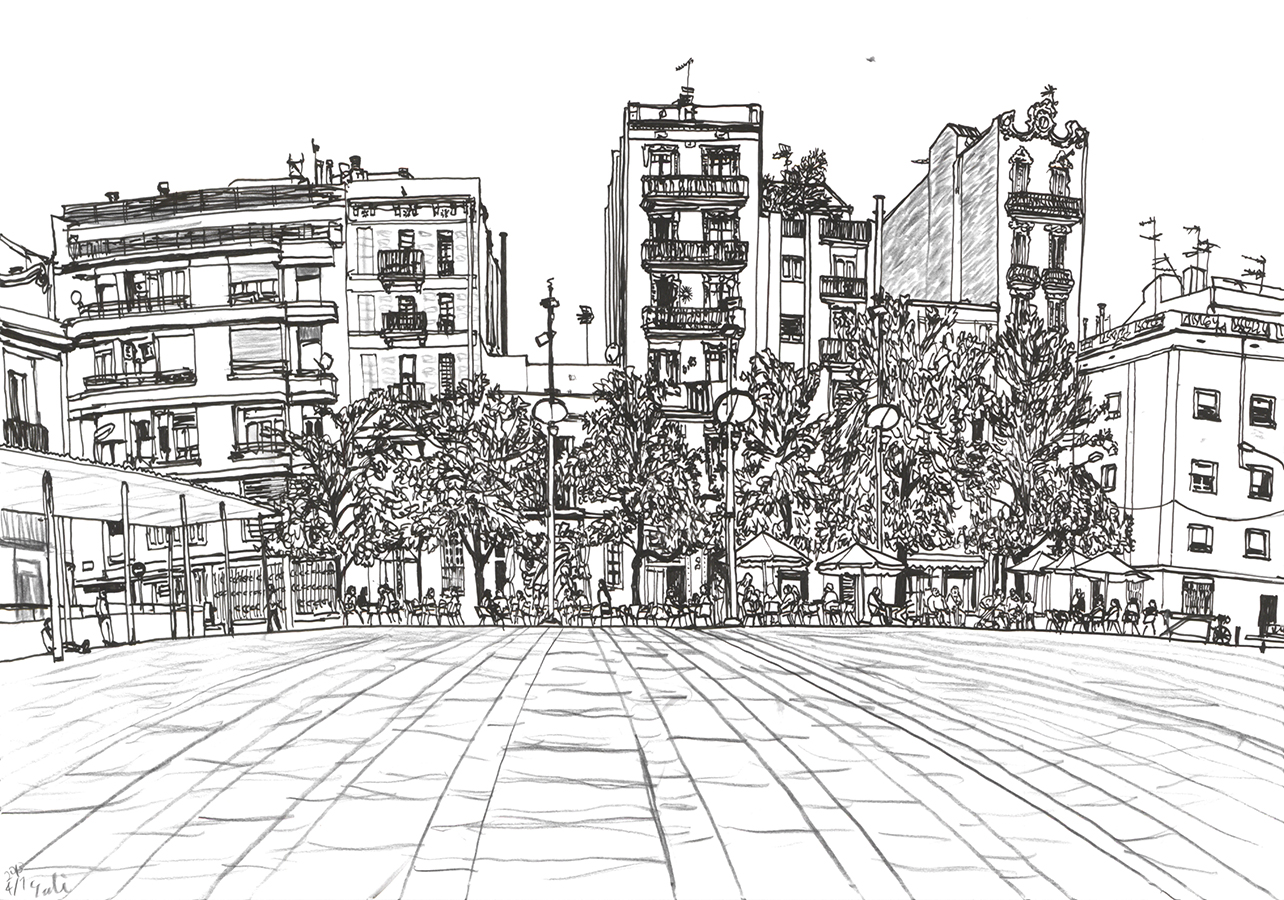 dibujo de Plaça del Sol de barrio de Gràcia en Barcelona