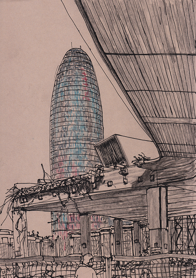 Ilustración de Torre Agbar y Disseny Hub Barcelonacon con la demolición de la calle elevada