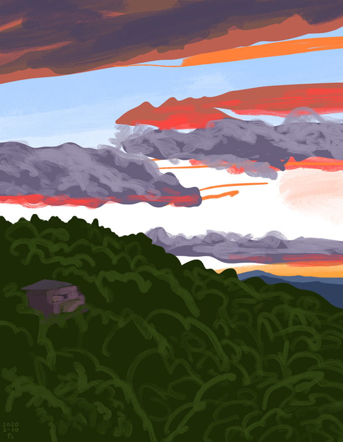 Drawing of sunset with purple cloud in mountain