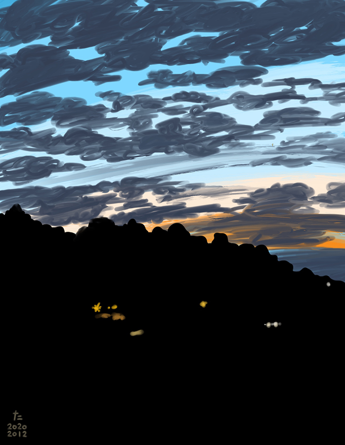 Drawing of blue sunset on mountain