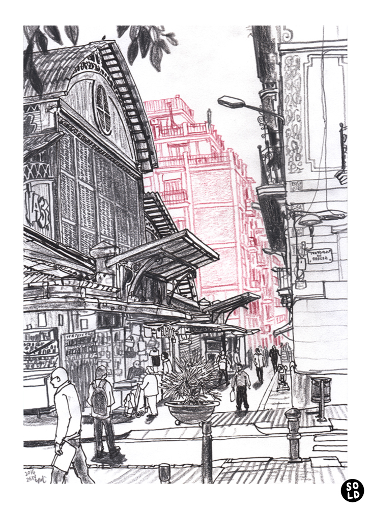 Il·lustració del Mercat de l'Abaceria al barri de Gràcia de Barcelona
