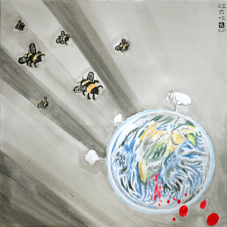 pintura de Takayuki Maejima “Nos vamos porque habéis hecho inhabitable este planeta”